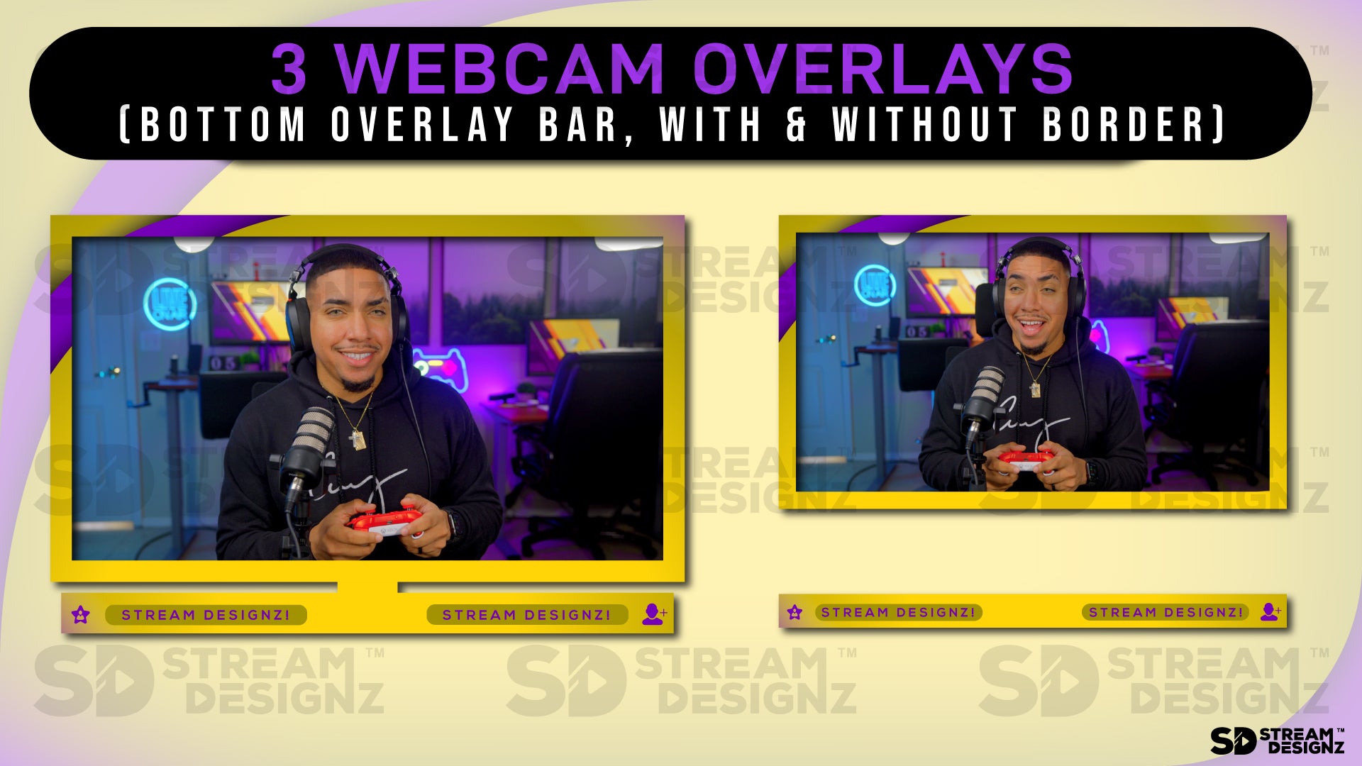 stream overlay package 3 webcam overlays Arctic - Purple and Gold stream designz