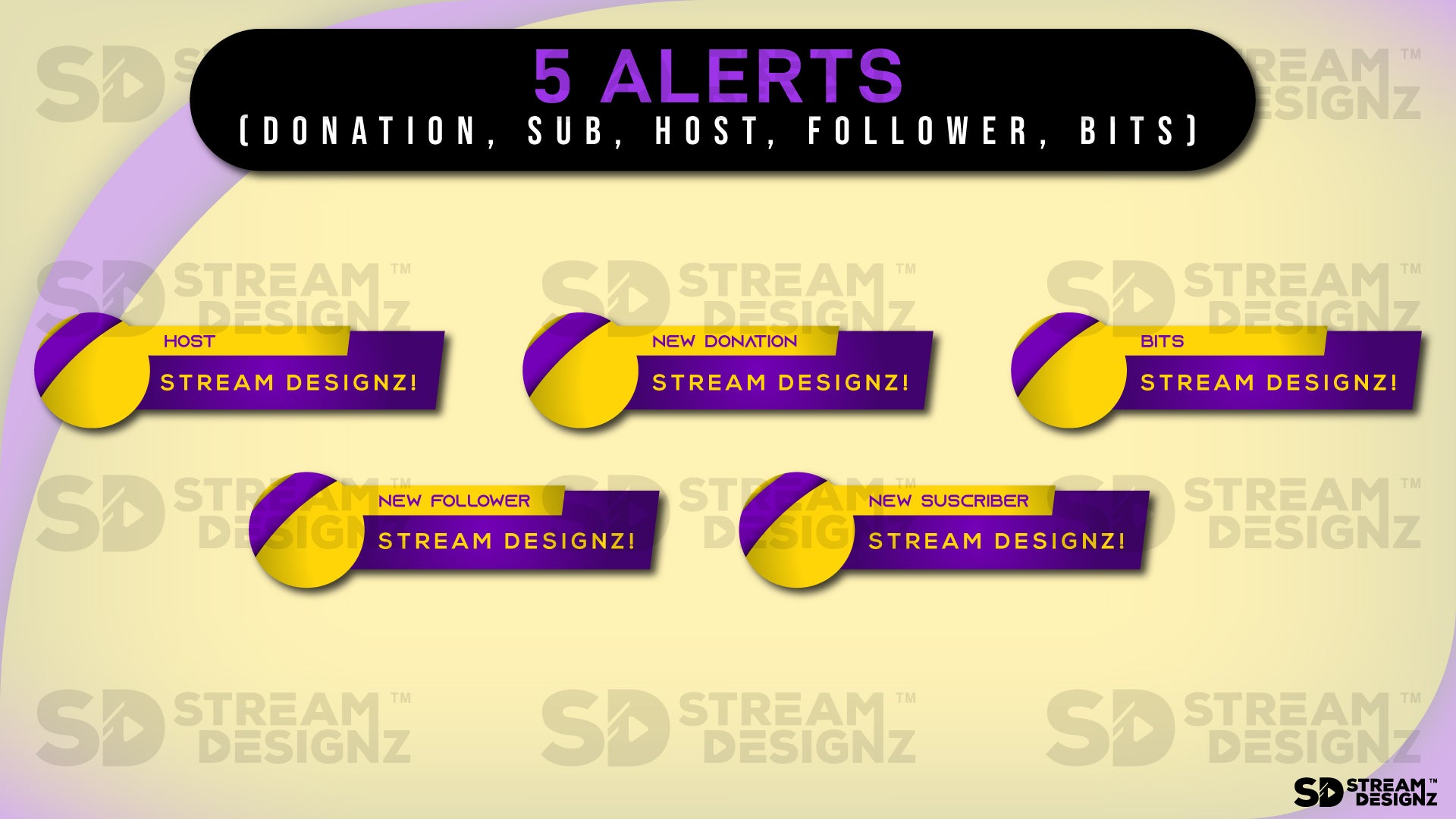 stream overlay package 5 alerts Arctic - Purple and Gold stream designz