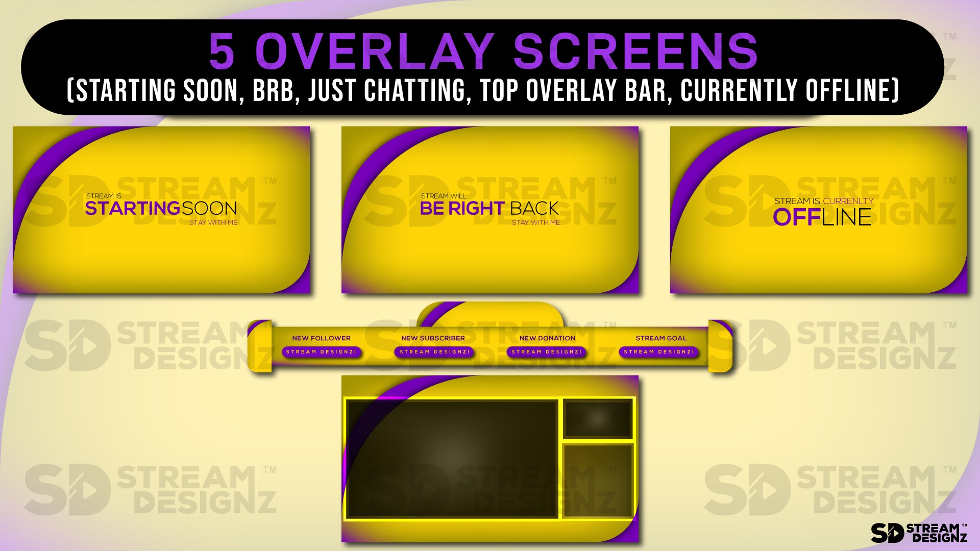 stream overlay package 5 overlay screens Arctic - Purple and Gold stream designz