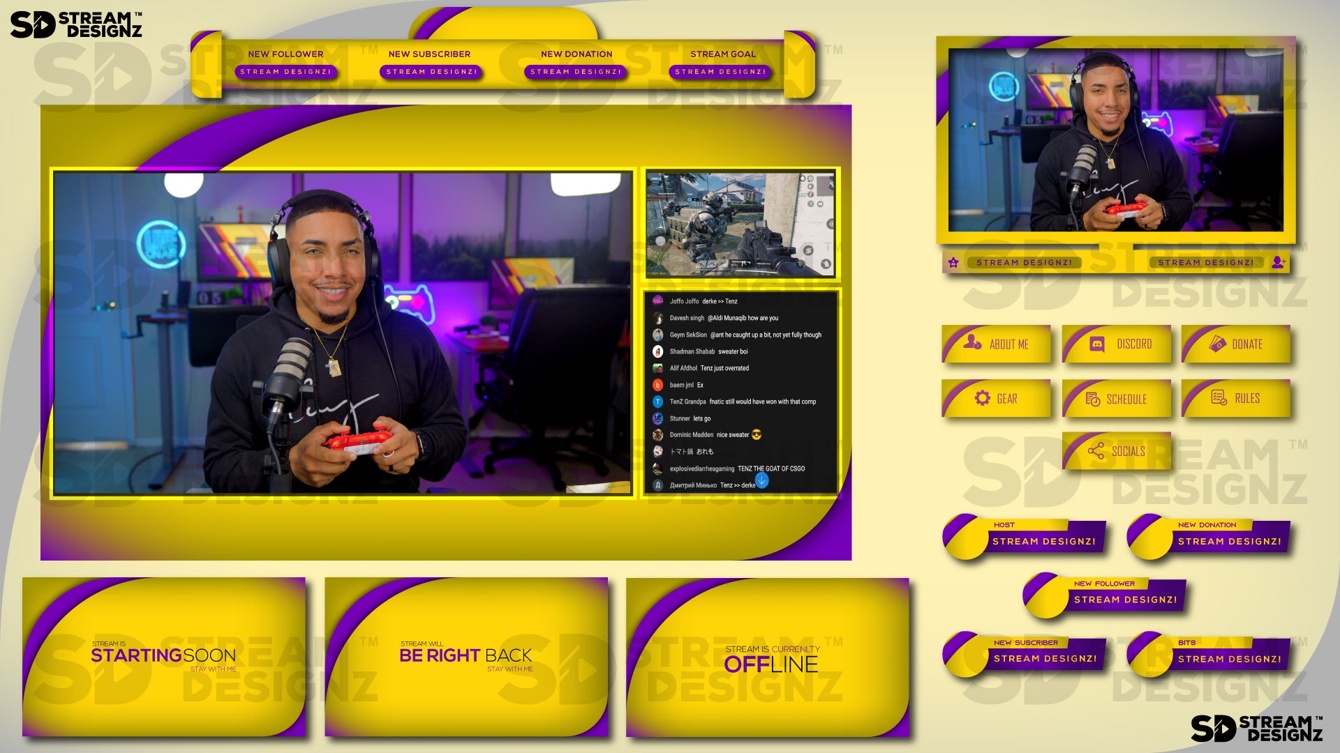 stream overlay package feature image Arctic - Purple and Gold stream designz