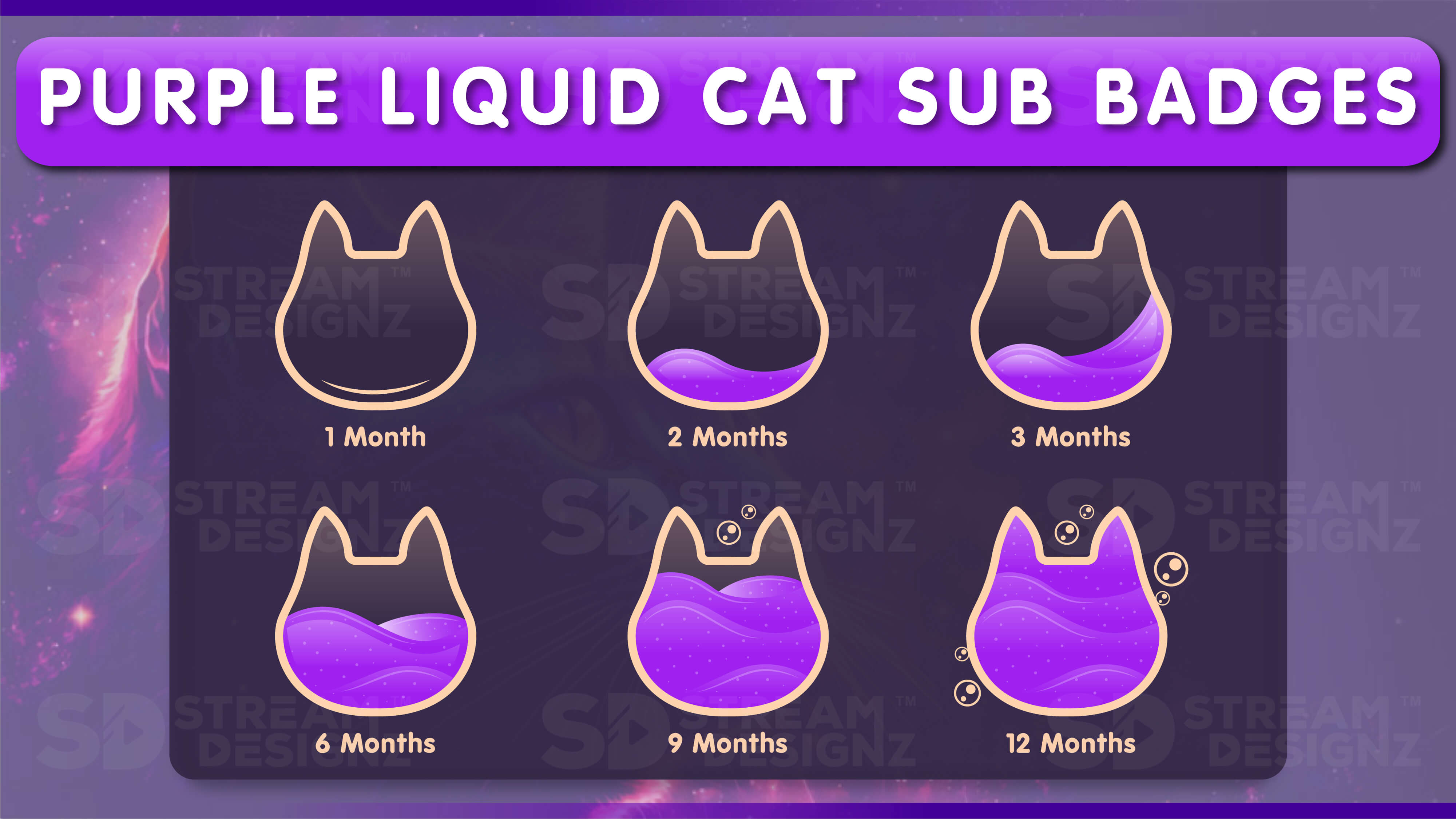 6 pack sub badges preview image purple liquid cat stream designz