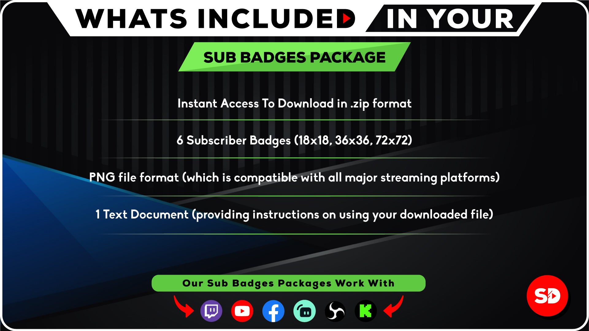whats included in your package sub badges stream designz