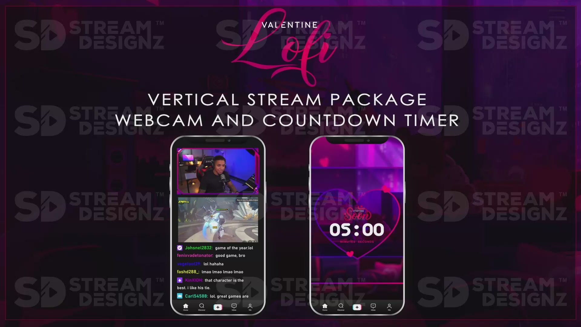 vertical stream overlay package webcam and countdown timer valentine lofi stream designz