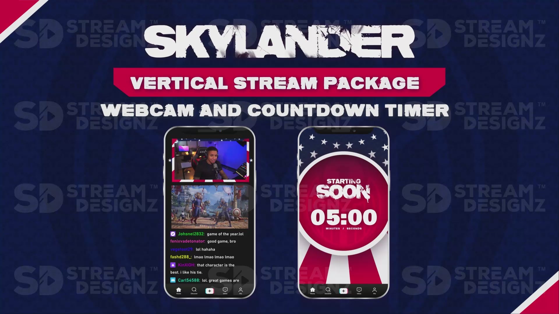 vertical stream overlay package webcam and countdown timer skylander stream designz