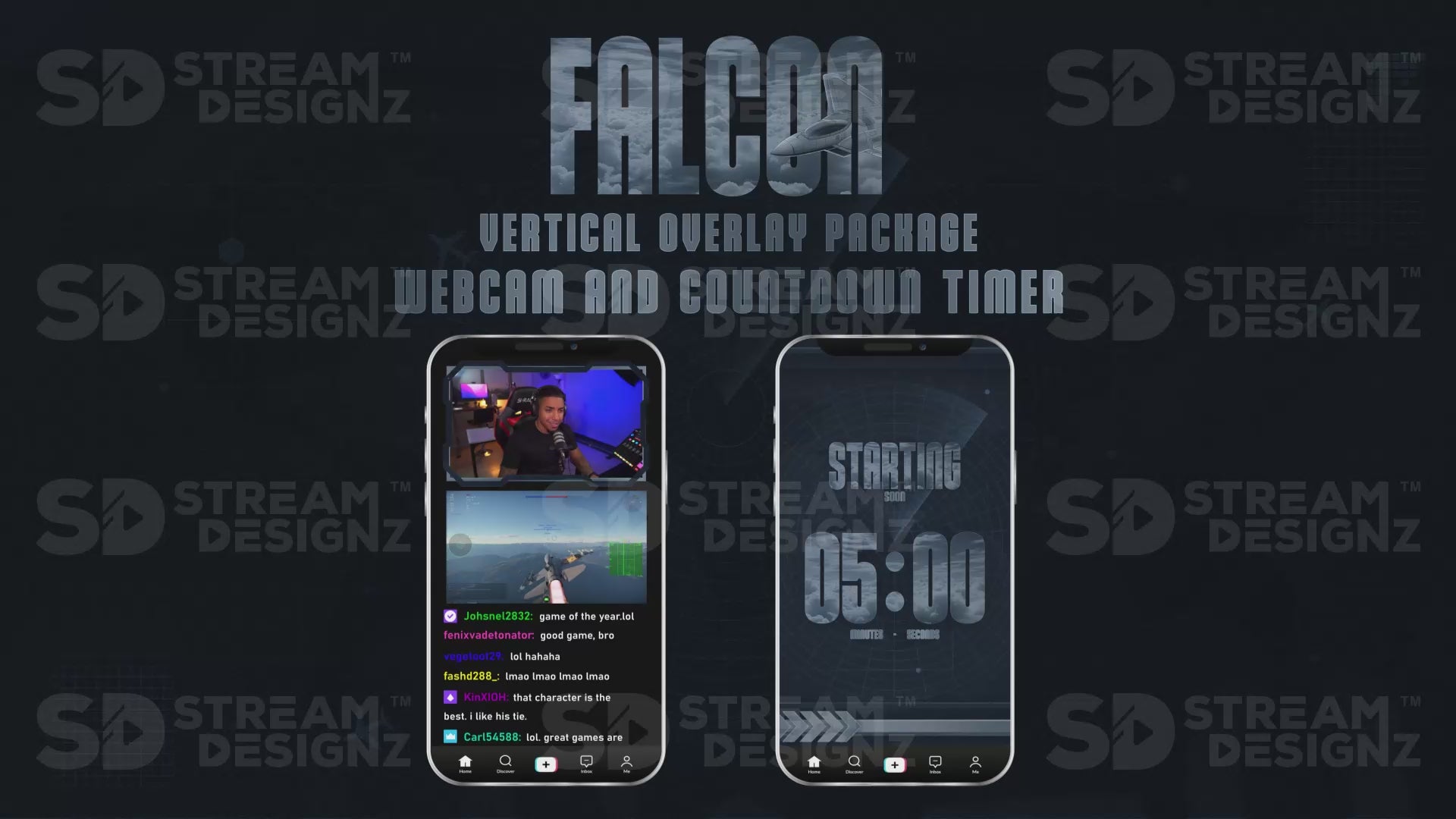 vertical stream overlay package webcam and countdown timer falcon stream designz