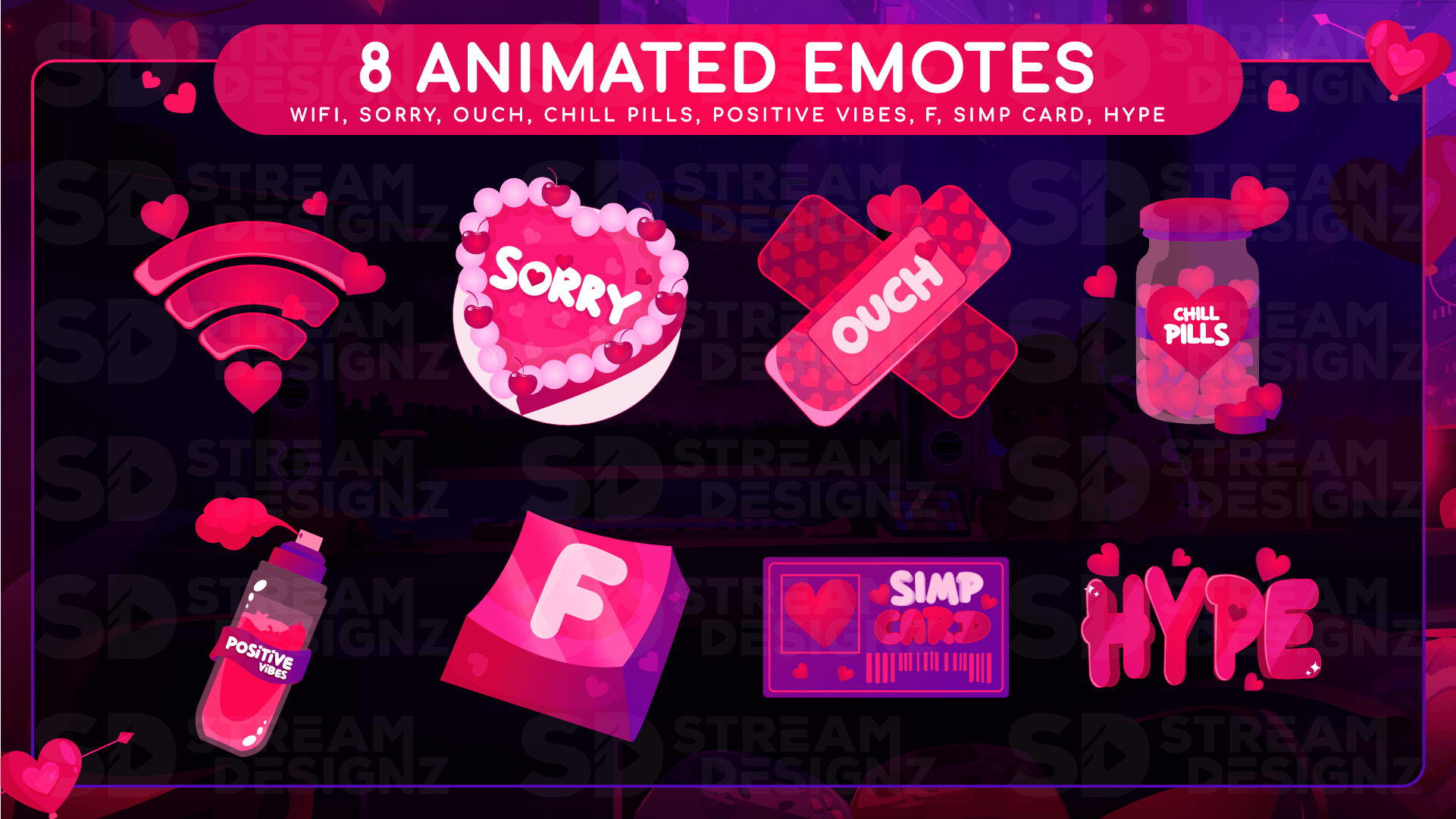 Ultimate stream package 8 animated emotes valentine lofi stream designz