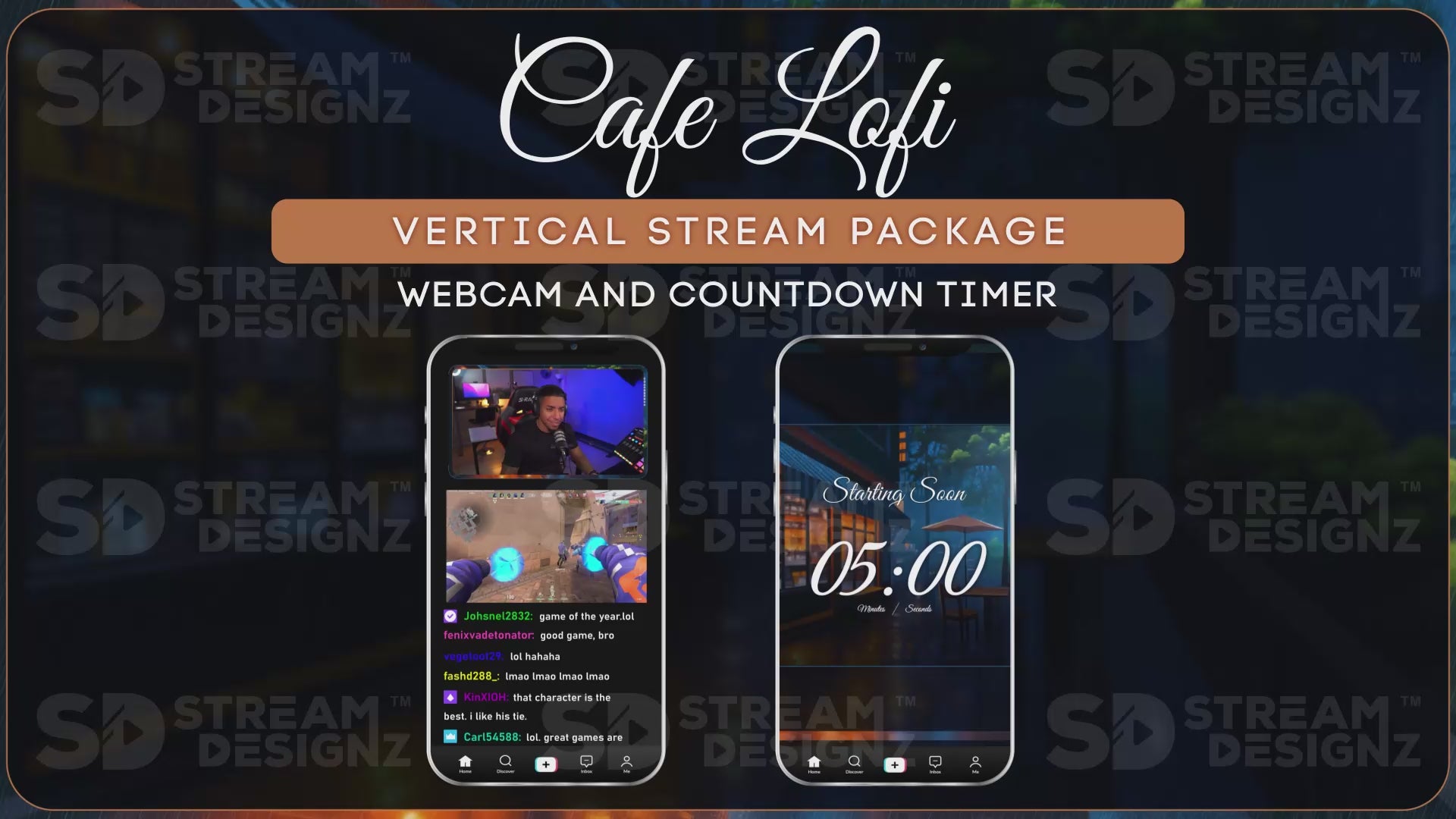 vertical stream overlay package webcam and countdown timer cafe lofi stream designz