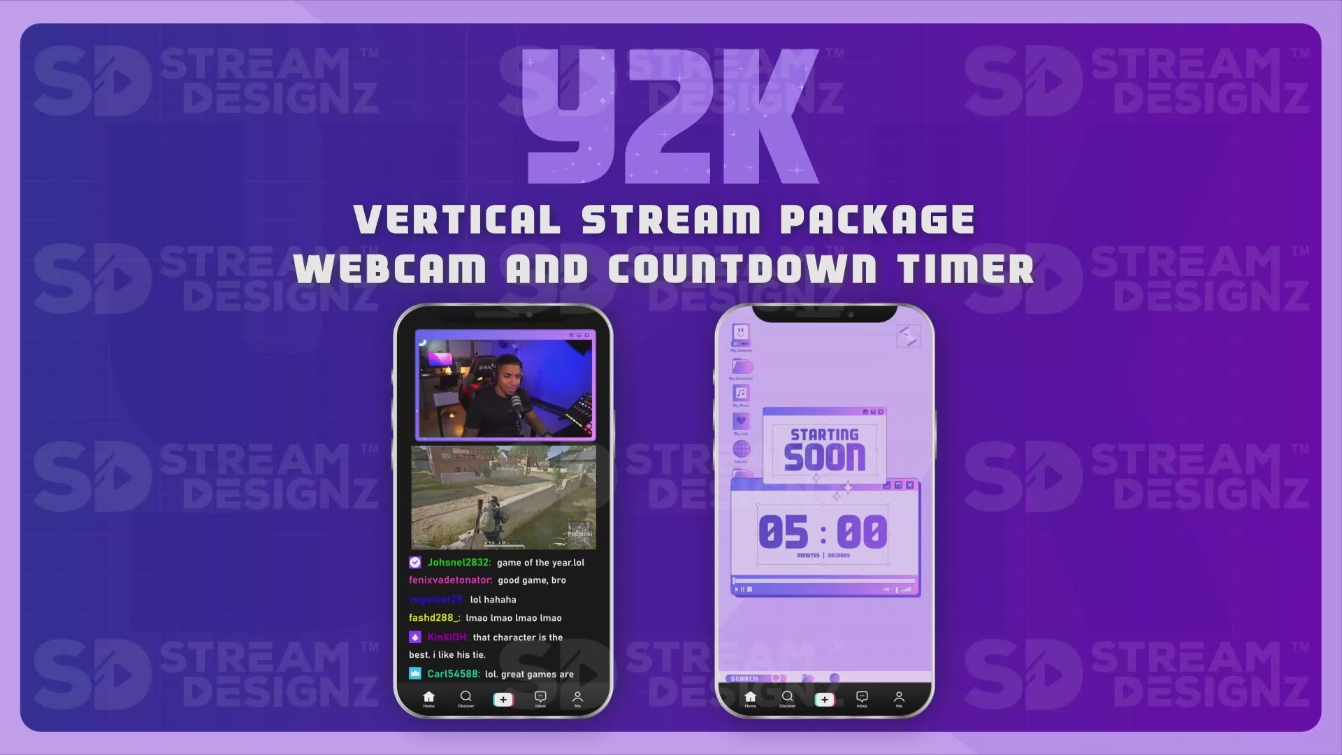 vertical stream overlay package webcam and countdown timer y2k stream designz