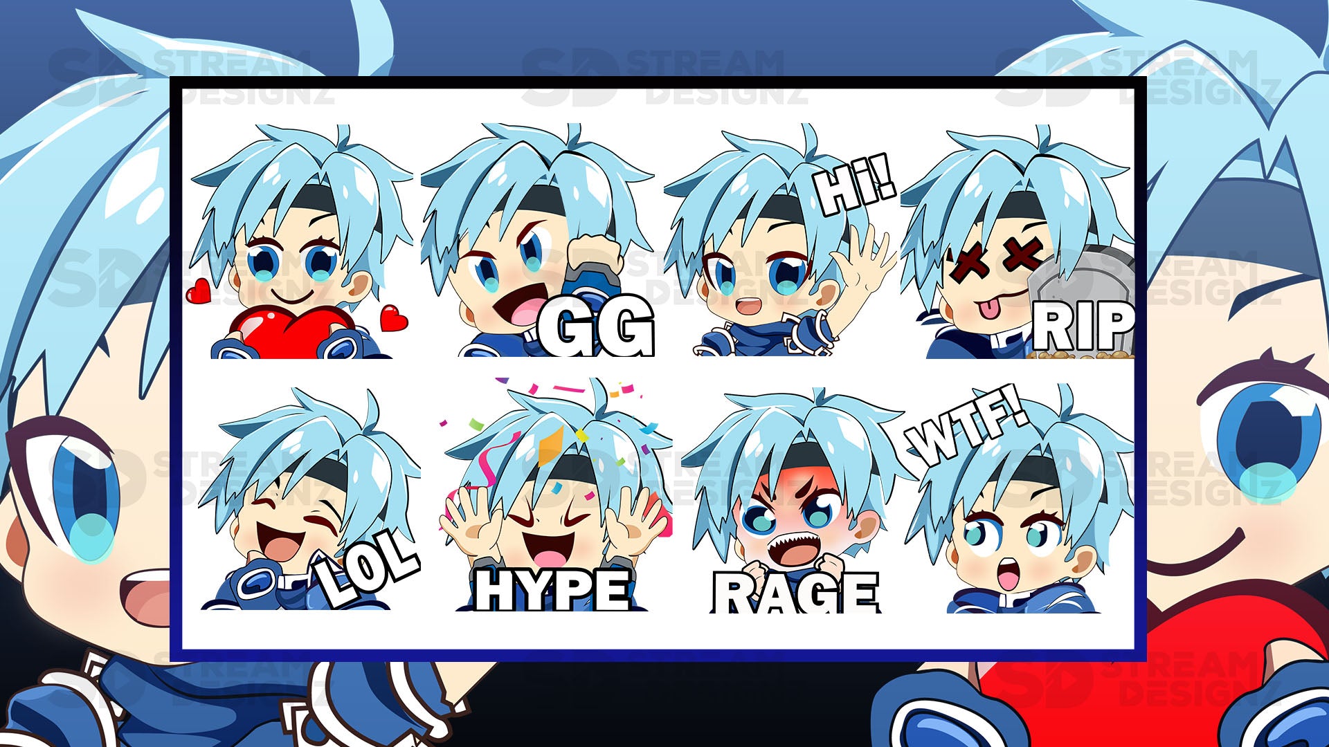 8 Pack Emotes Static Arctic Blue & White Preview image 1 stream designz
