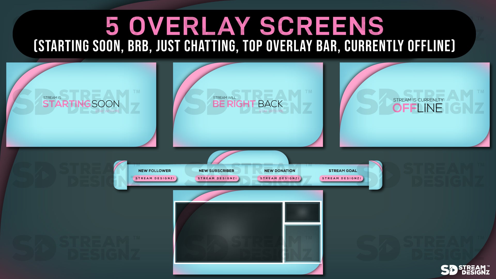 stream overlay package 5 overlay screens Arctic - Baby blue and Pink stream designz