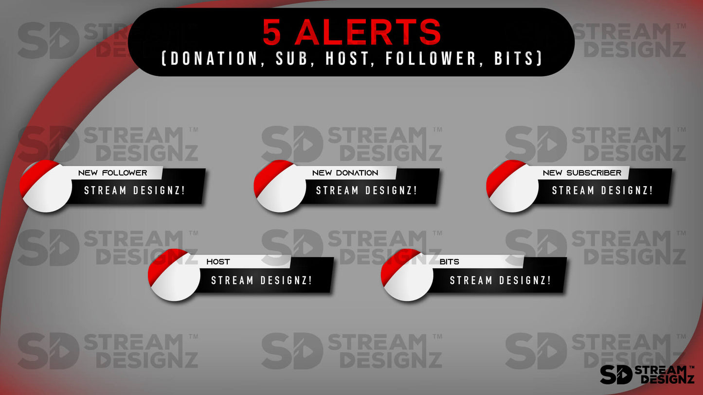Animated stream overlay package arctic red and white 5 alerts stream designz