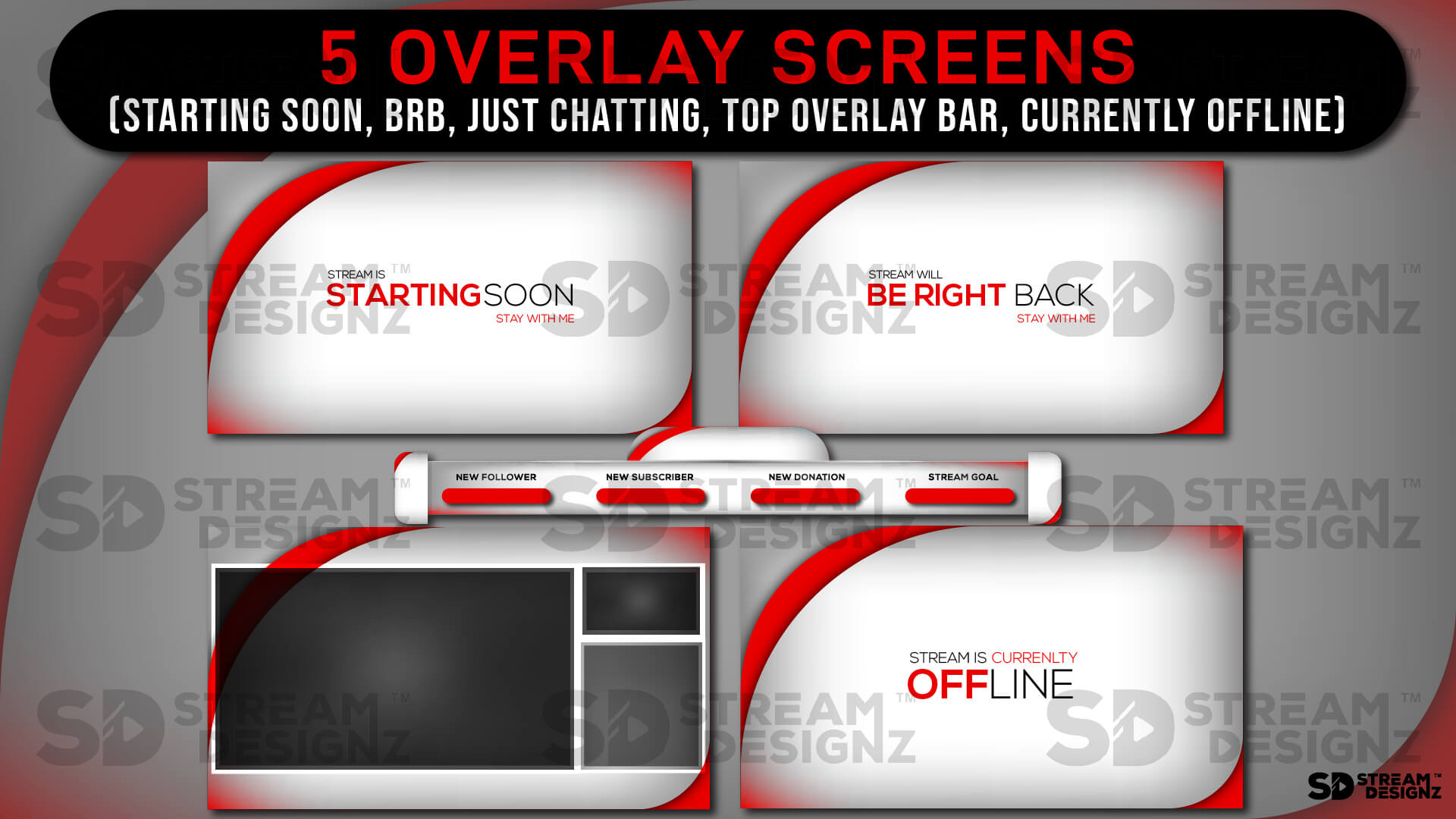 static Stream Overlay Package - Arctic Red & White - 5 overlay screens Stream Designz