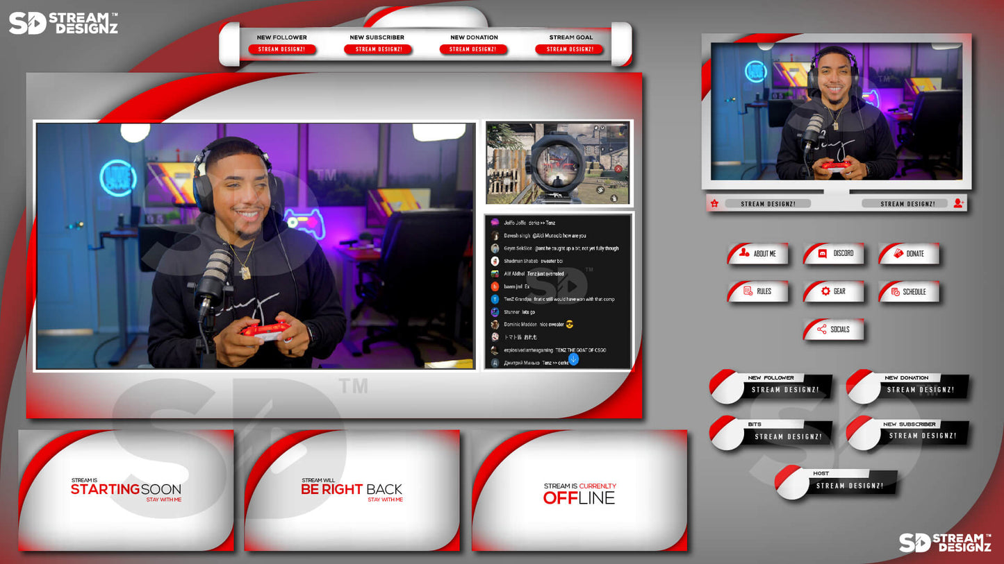 Animated stream overlay package arctic red and white feature image stream designz