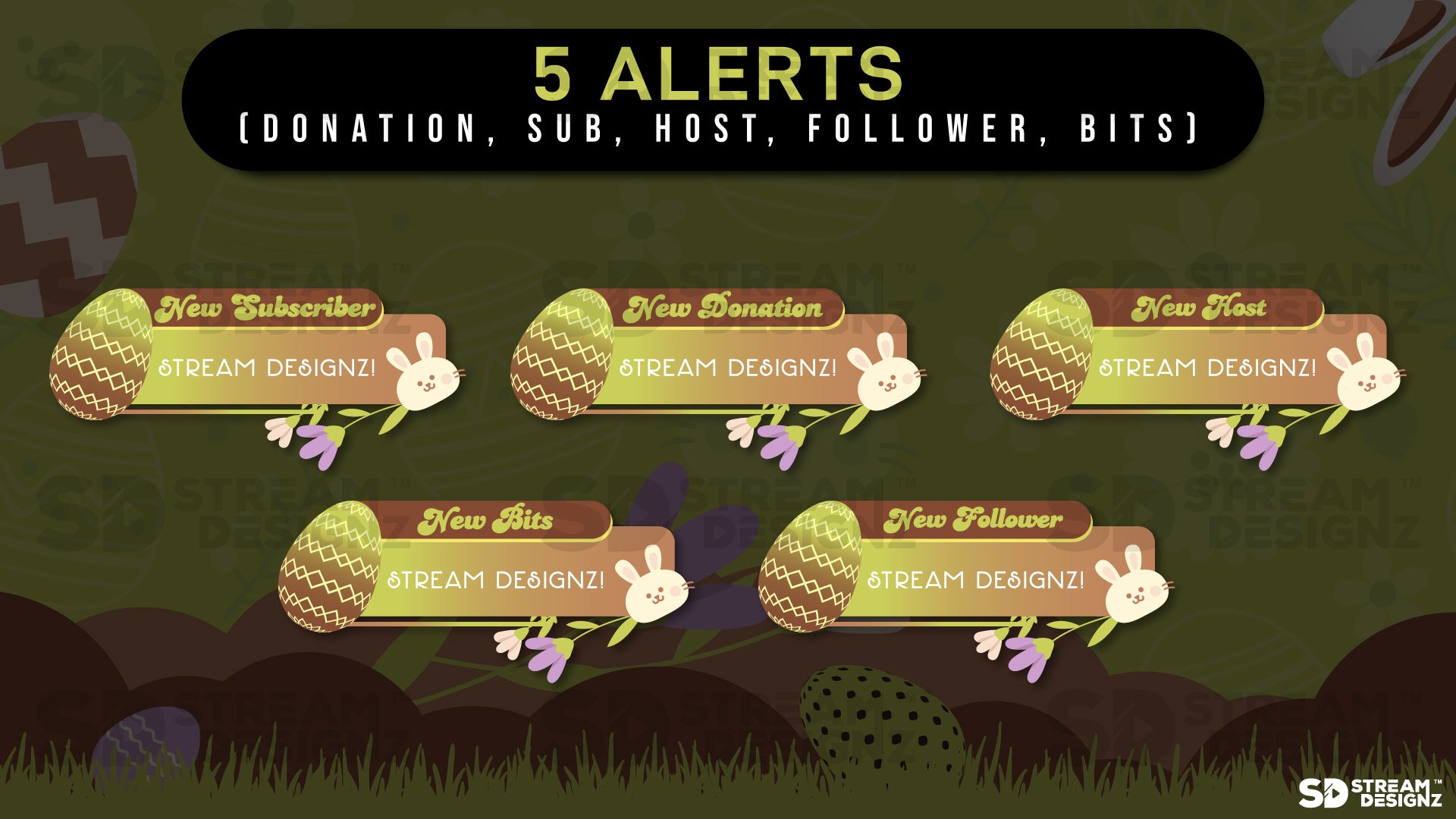 stream overlay package 5 alerts Easter Egg - Brown and Green stream designz