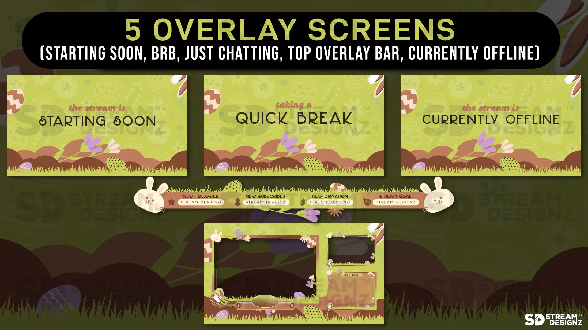 stream overlay package 5 overlay screens Easter Egg - Brown and Green stream designz