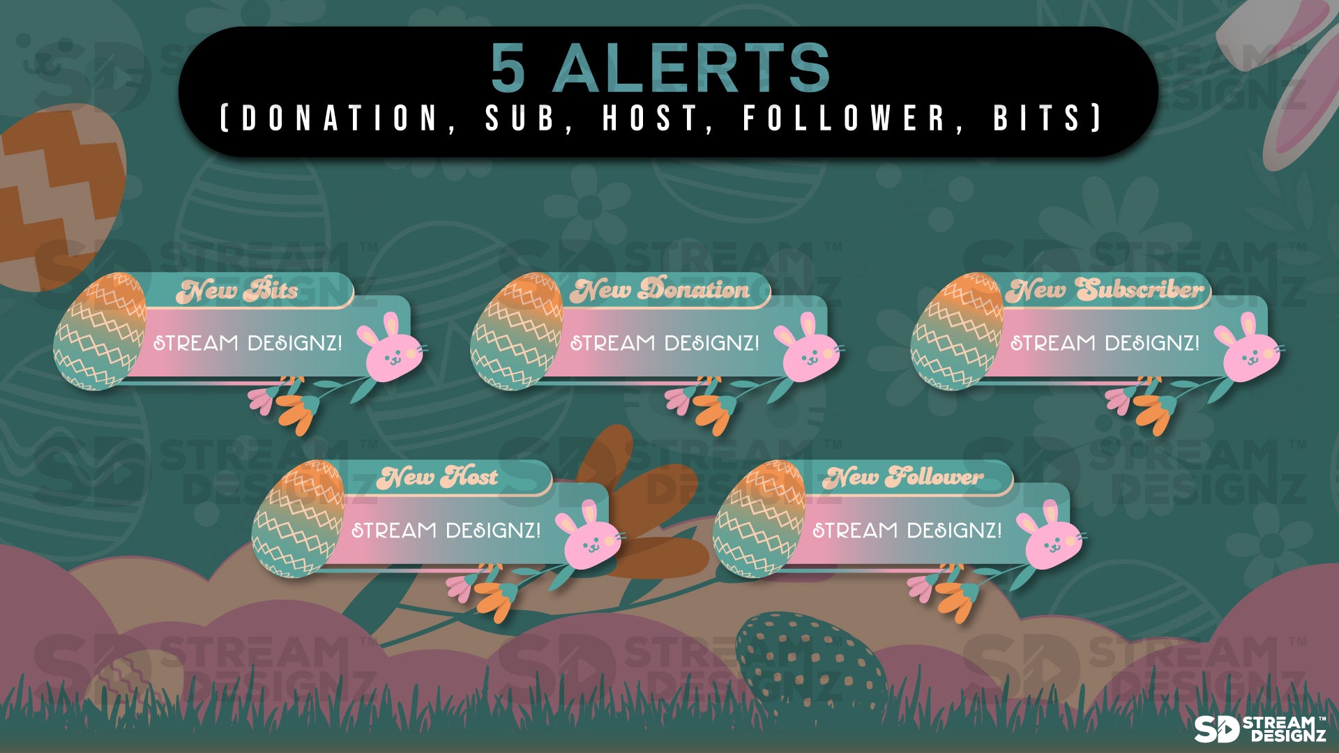 stream overlay package 5 alerts Easter Egg - Teal & Pink stream designz