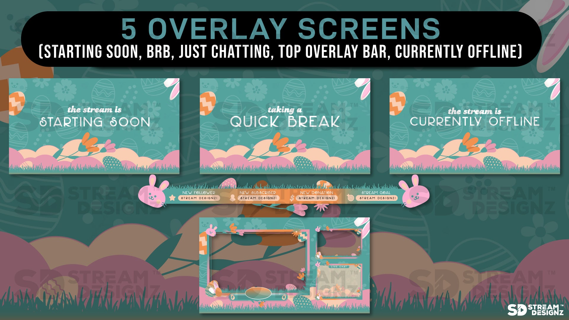 stream overlay package 6 overlay screens Easter Egg - Teal & Pink stream designz