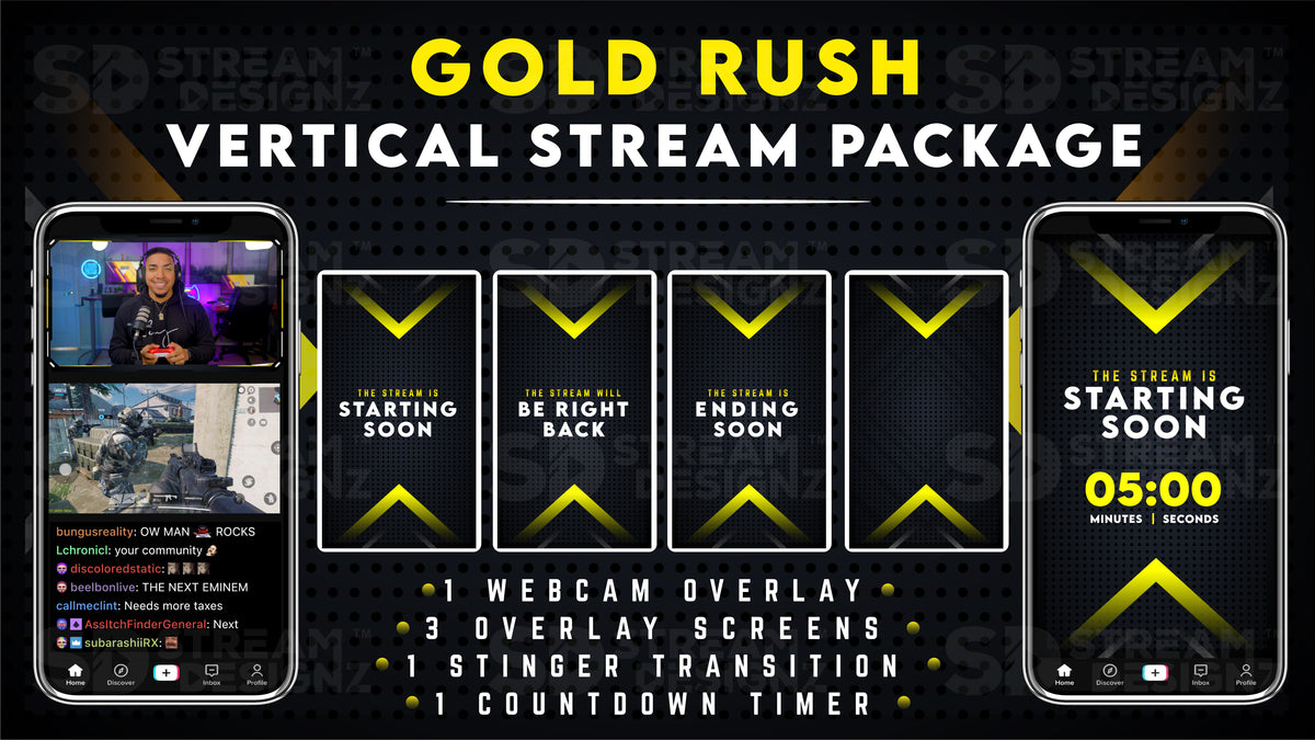 Small Stream Gold TikTok Vertical Stream Overlay Package - Gold Rush | Stream Designz