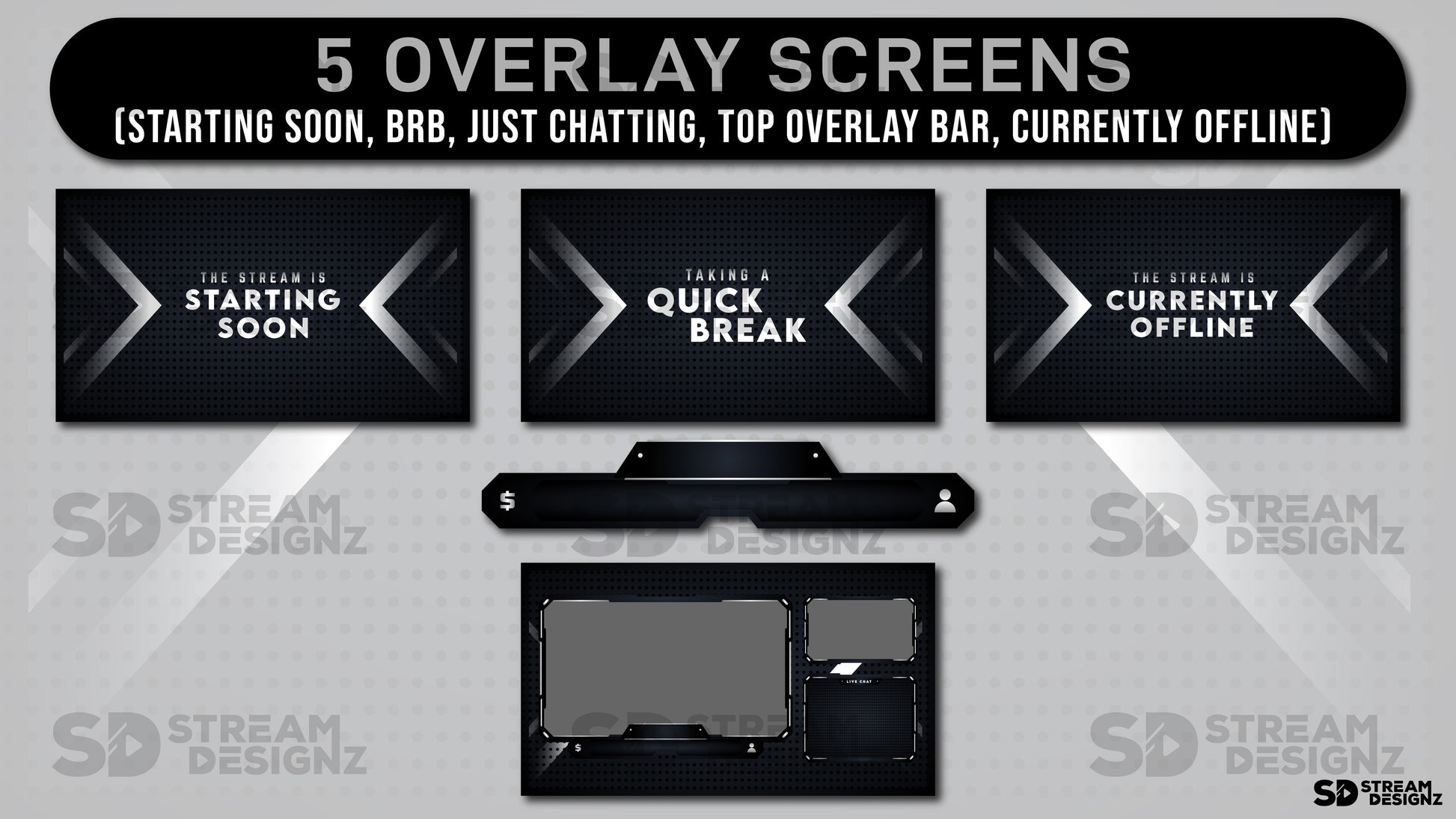 animated stream overlay package monochrome overlay screens stream designz