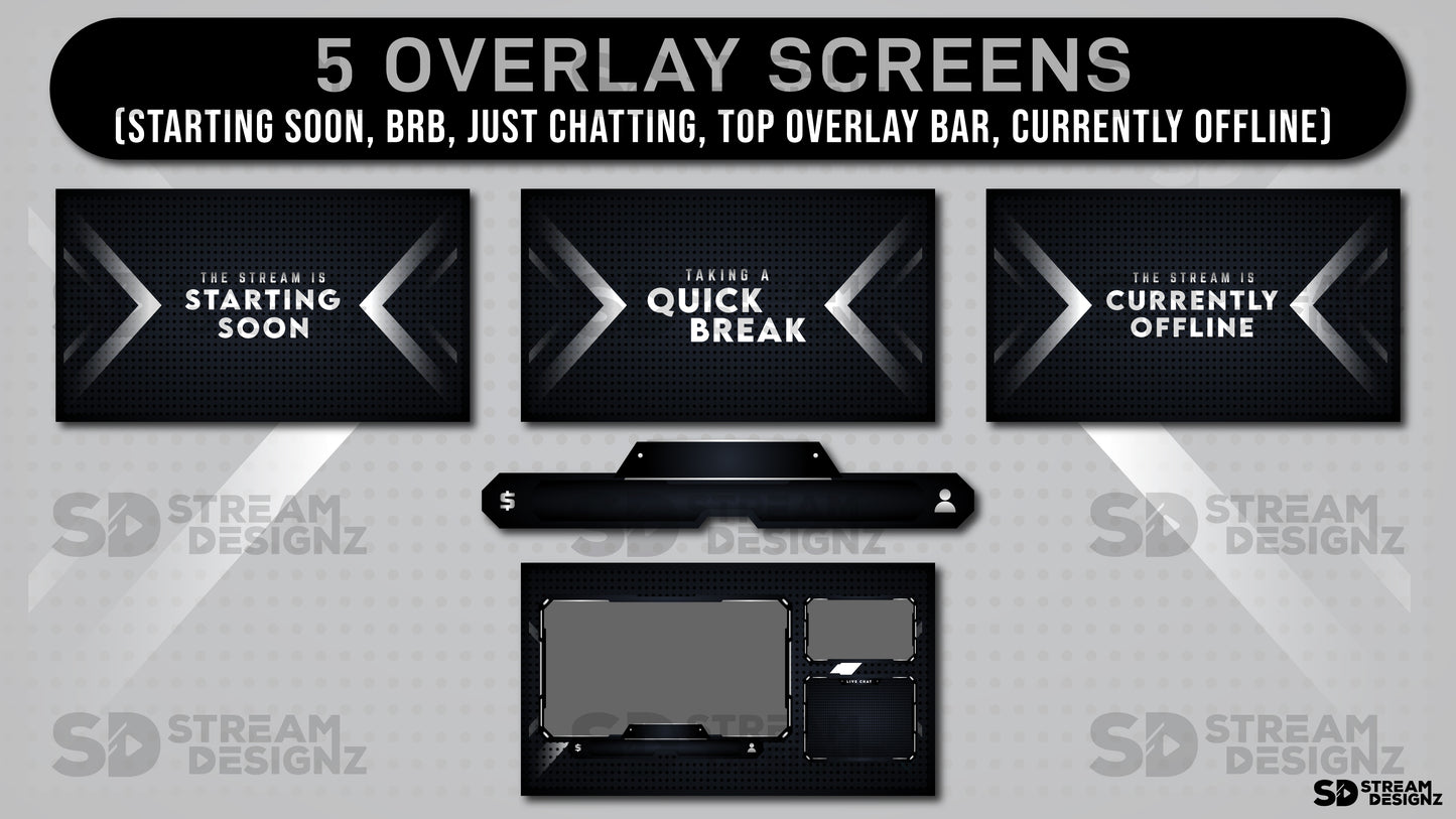 Static stream overlay package monochrome overlay screens stream designz