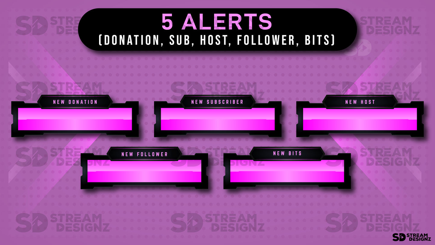 static stream overlay package - pink fury - 5 alerts - stream designz