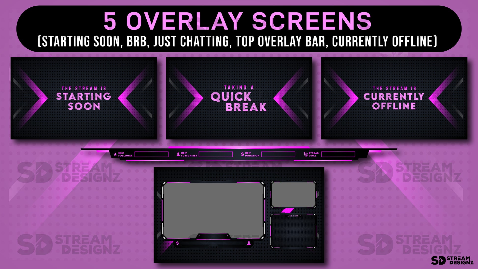 animated stream overlay package - pink fury - overlay screens - stream designz
