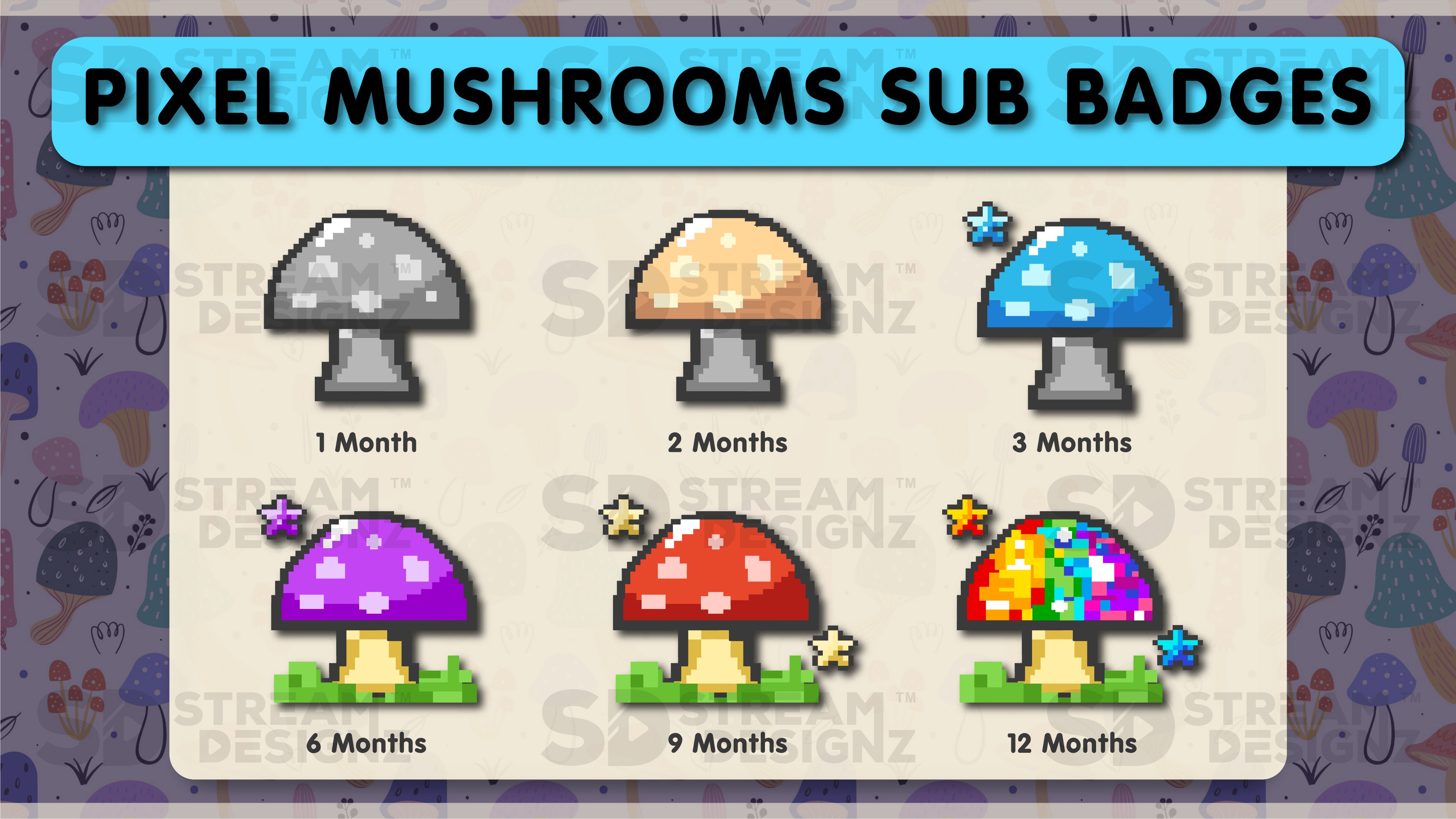 6 pack sub badges preview image pixel mushroom stream designz