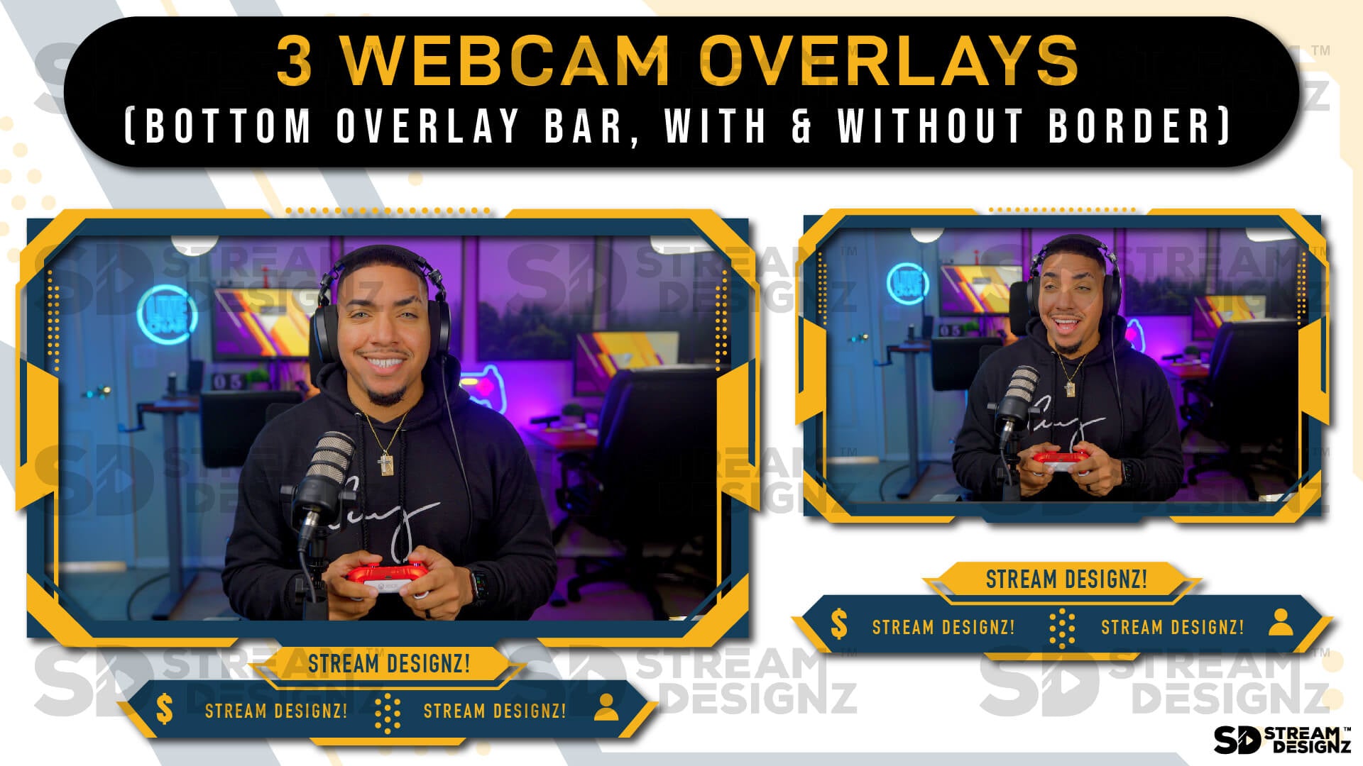 Animated stream overlays package sleek yellow and blue 3 webcam overlays stream designz