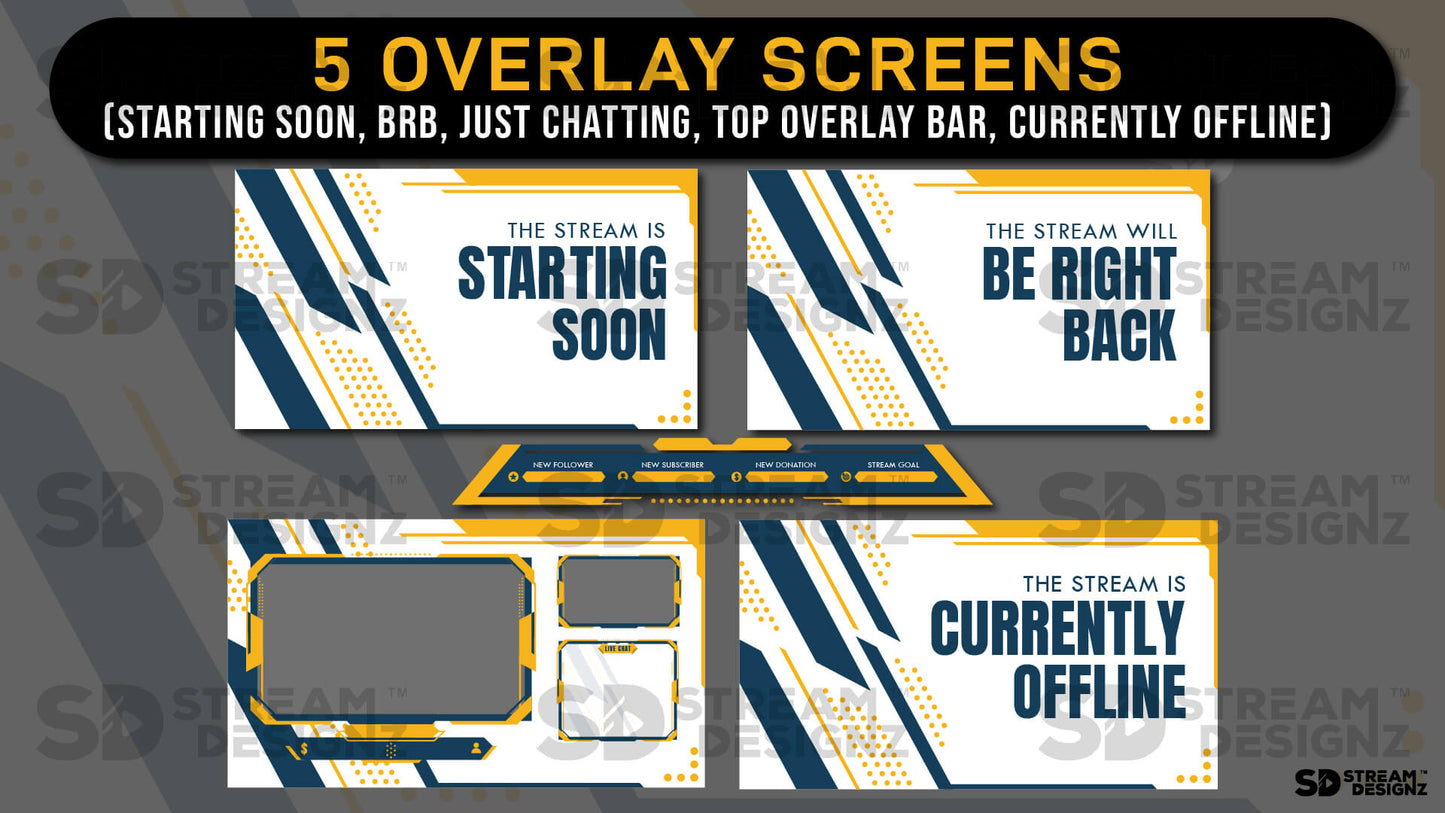 stream overlay package sleek yellow and blue 5 overlay screens stream designz