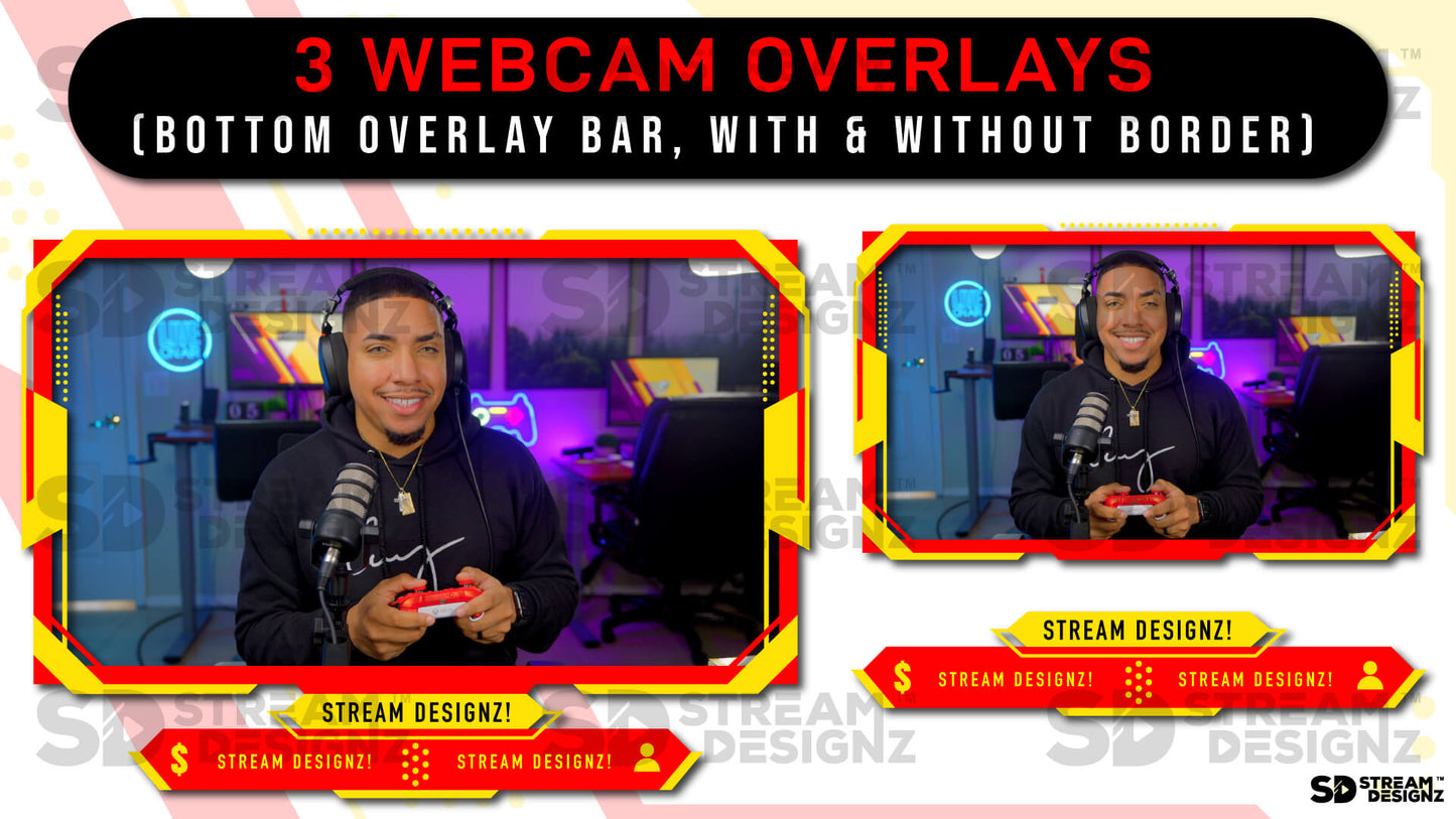 Animated stream overlay package sleek yellow and red 3 webcam overlays stream designz