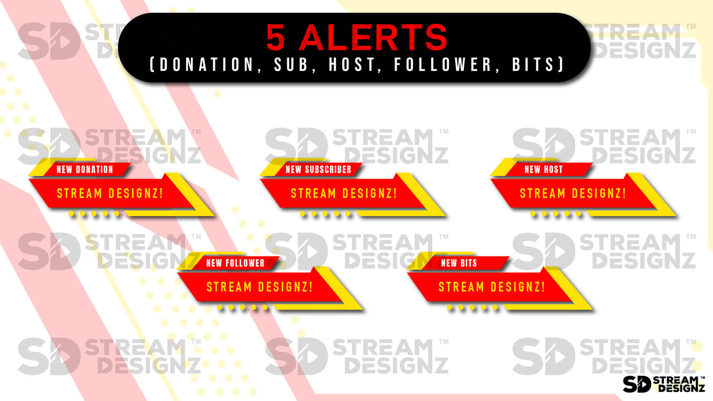 static stream overlay package sleek yellow and red 5 alerts stream designz