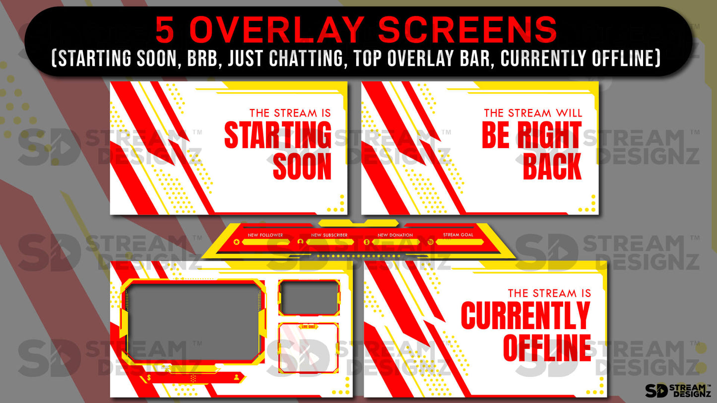 static stream overlay package sleek yellow and red 5 overlay screens stream designz