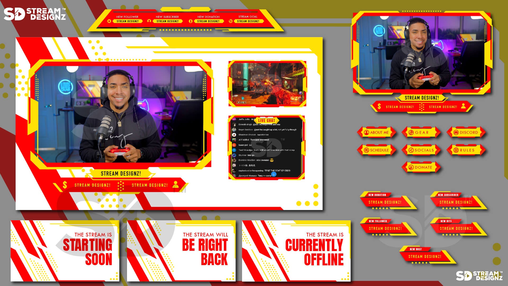 Animated stream overlay package sleek yellow and red feature image stream designz