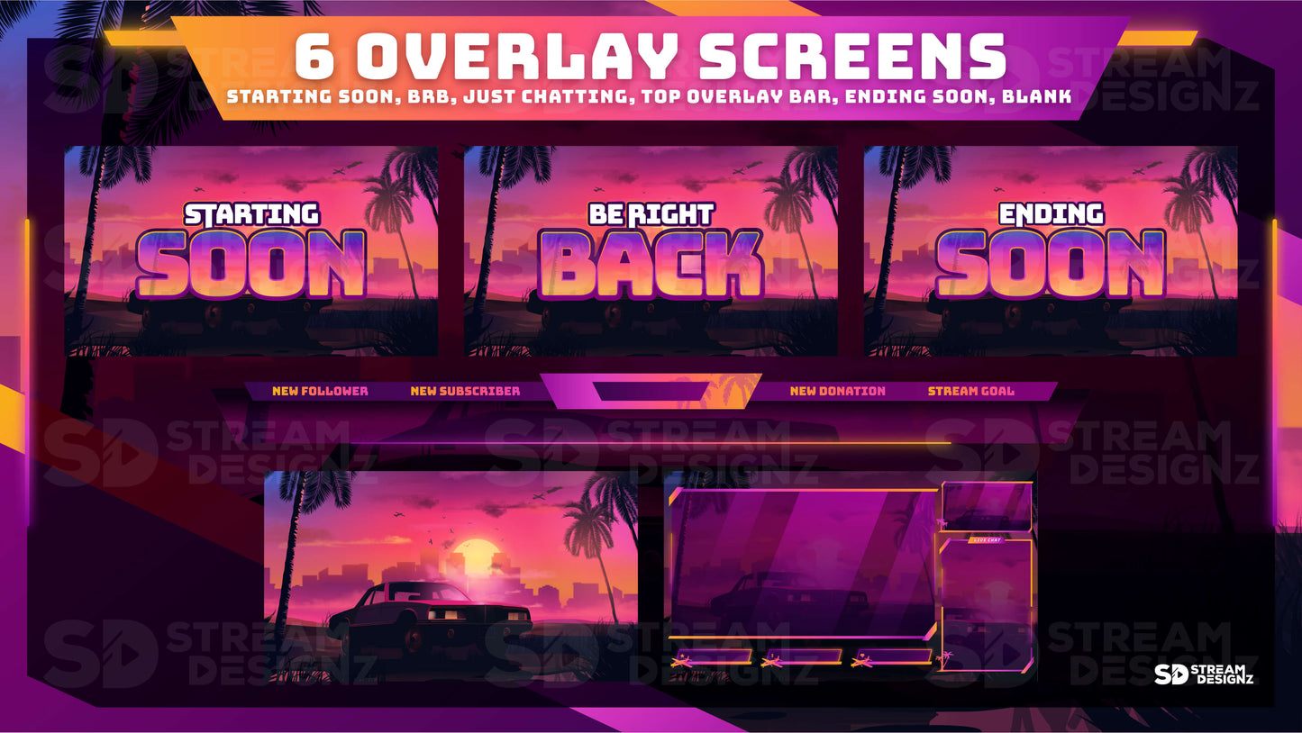 animated stream overlay package sunset city 6 overlay screens stream designz
