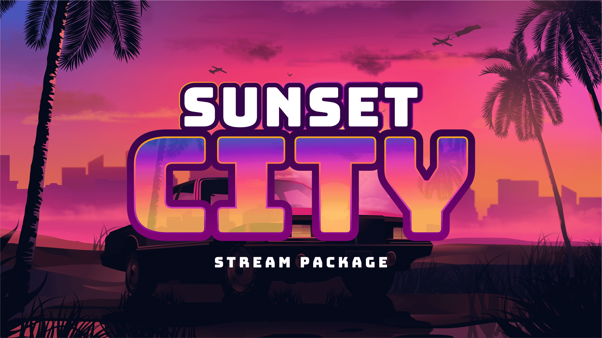 animated stream overlay package sunset city thumbnail stream designz