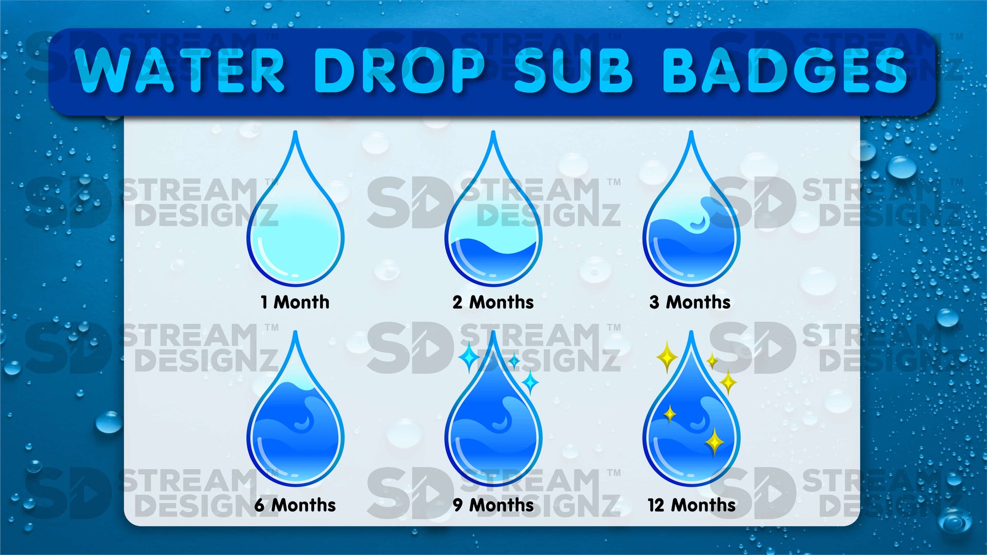 6 pack sub badges preview image water drops stream designz