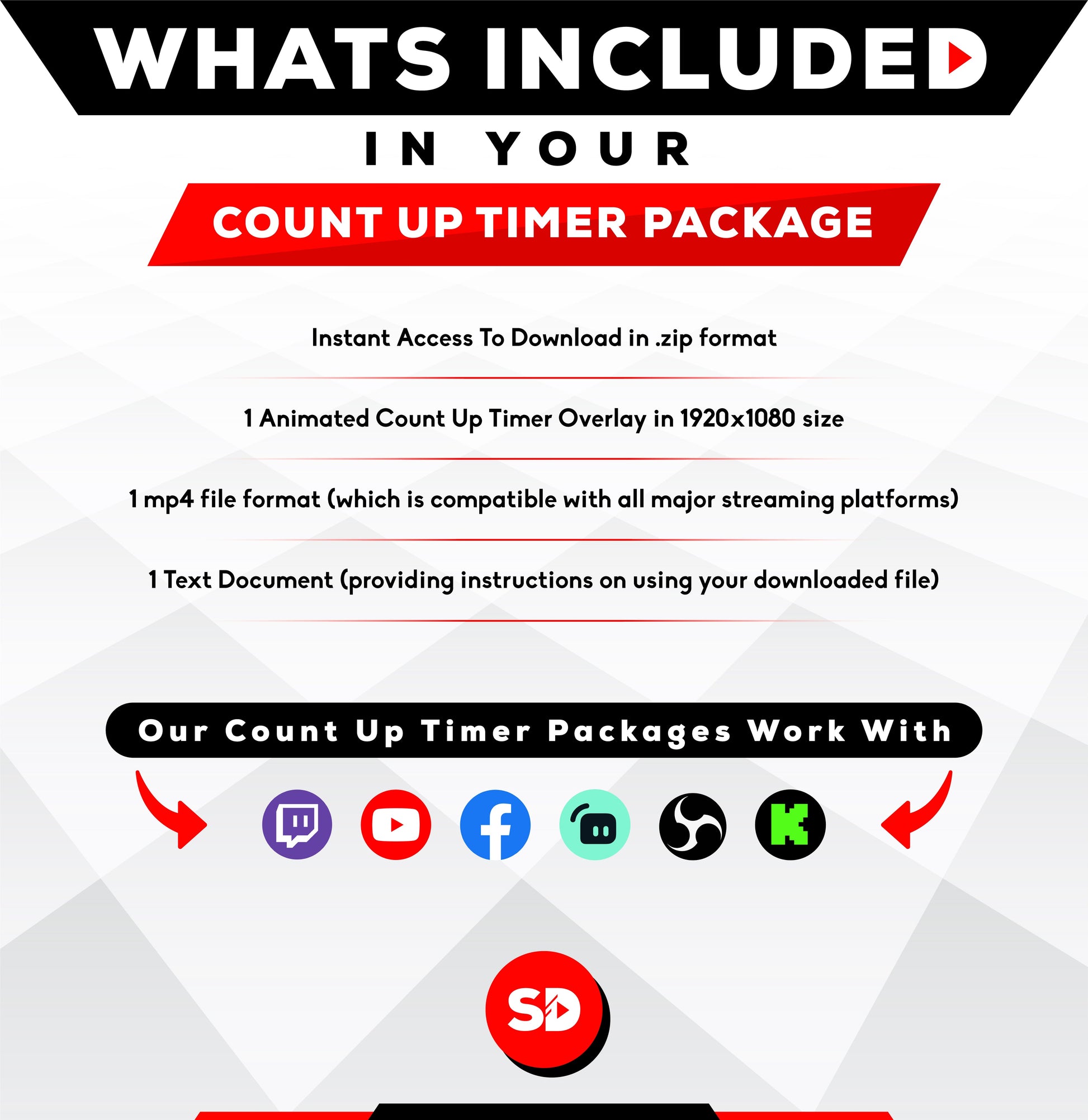 whats included in your package - count up tiimer - buckets - stream designz