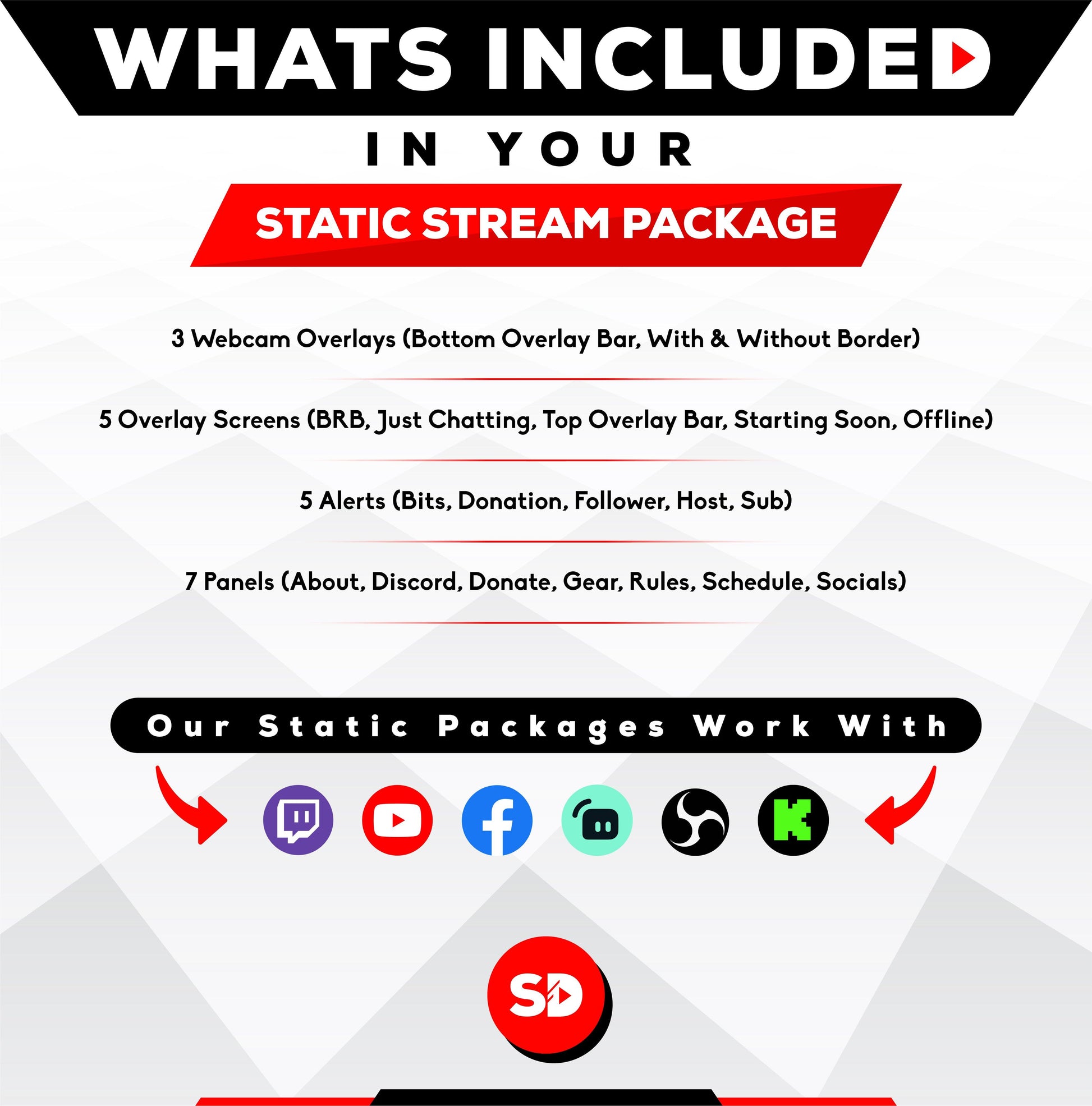 whats included in your package - static Stream Overlay Package - "Arctic" - Red & White - Stream Designz
