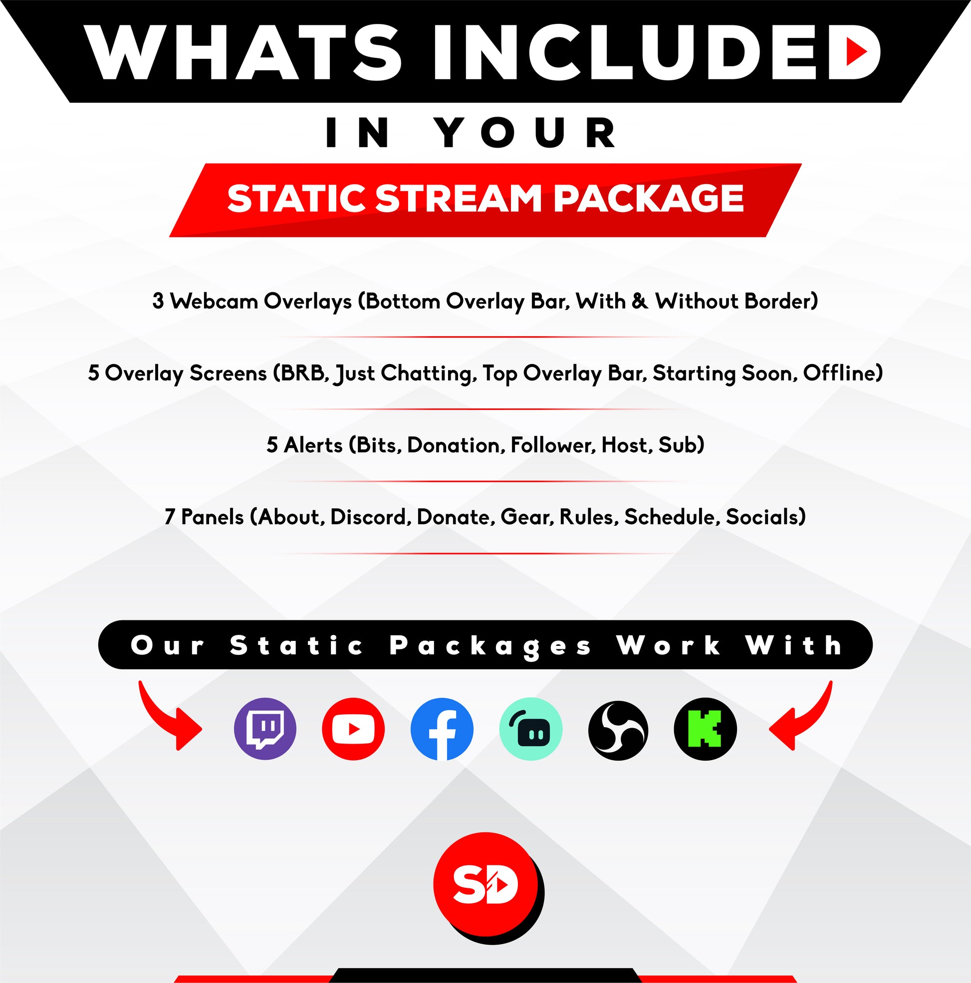 whats included in your package - static stream overlay package - monochrome - stream designz
