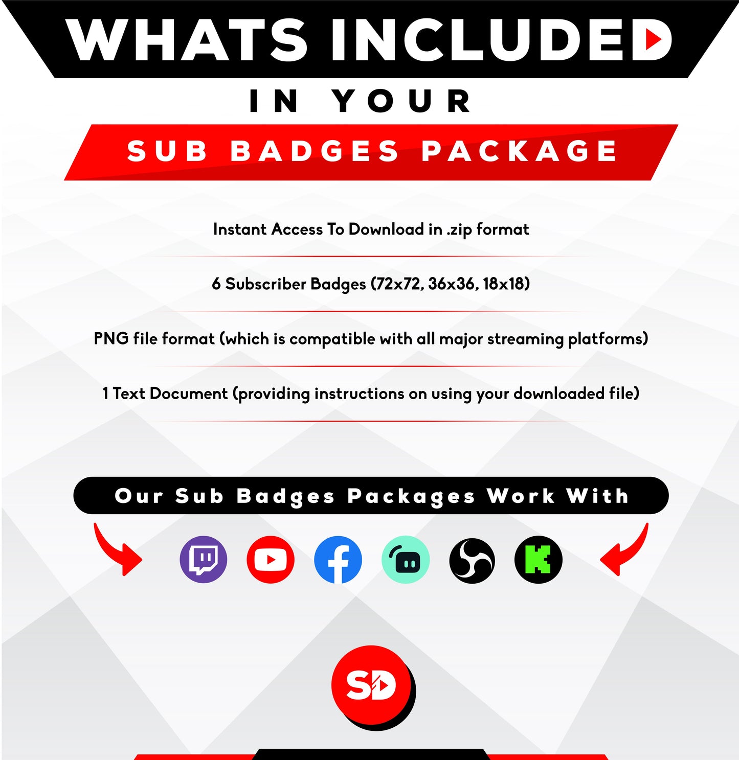 whats included in your package - sub badges - pixel sword - stream designz