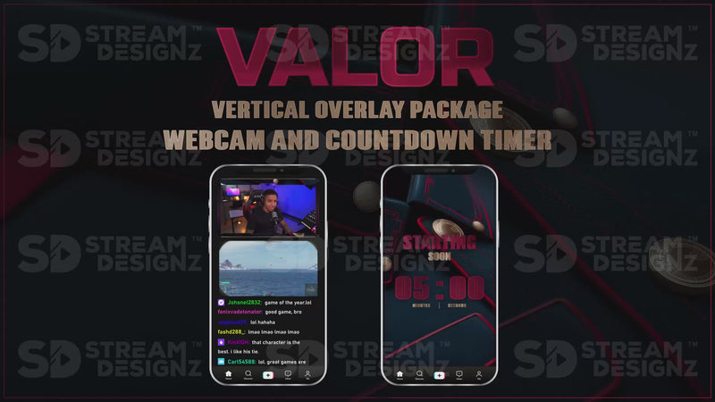 vertical stream overlay package webcam and countdown timer valor stream designz