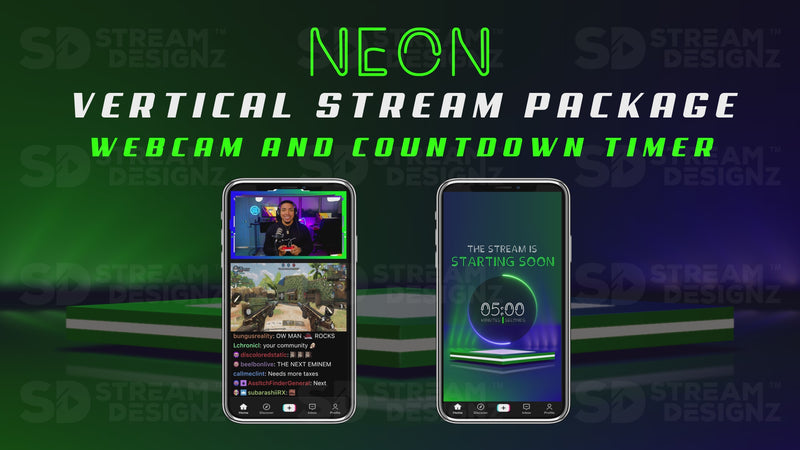vertical stream overlay package webcam and countdown timer neon stream designz