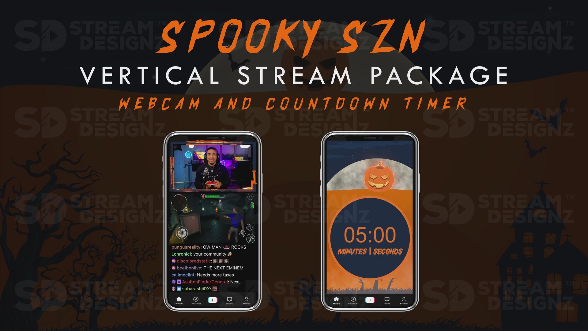 vertical stream overlay package webcam and countdown timer spooky szn stream designz