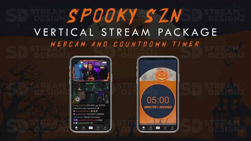 vertical stream overlay package webcam and countdown timer spooky szn stream designz