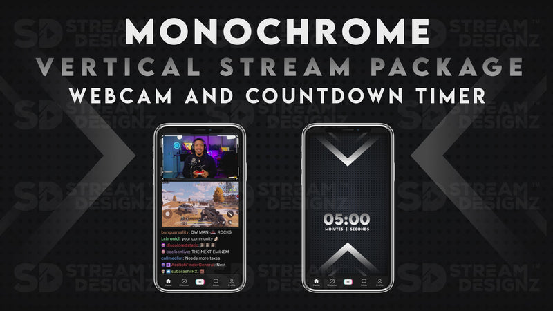 vertical stream overlay package webcam and countdown timer monochrome stream designz