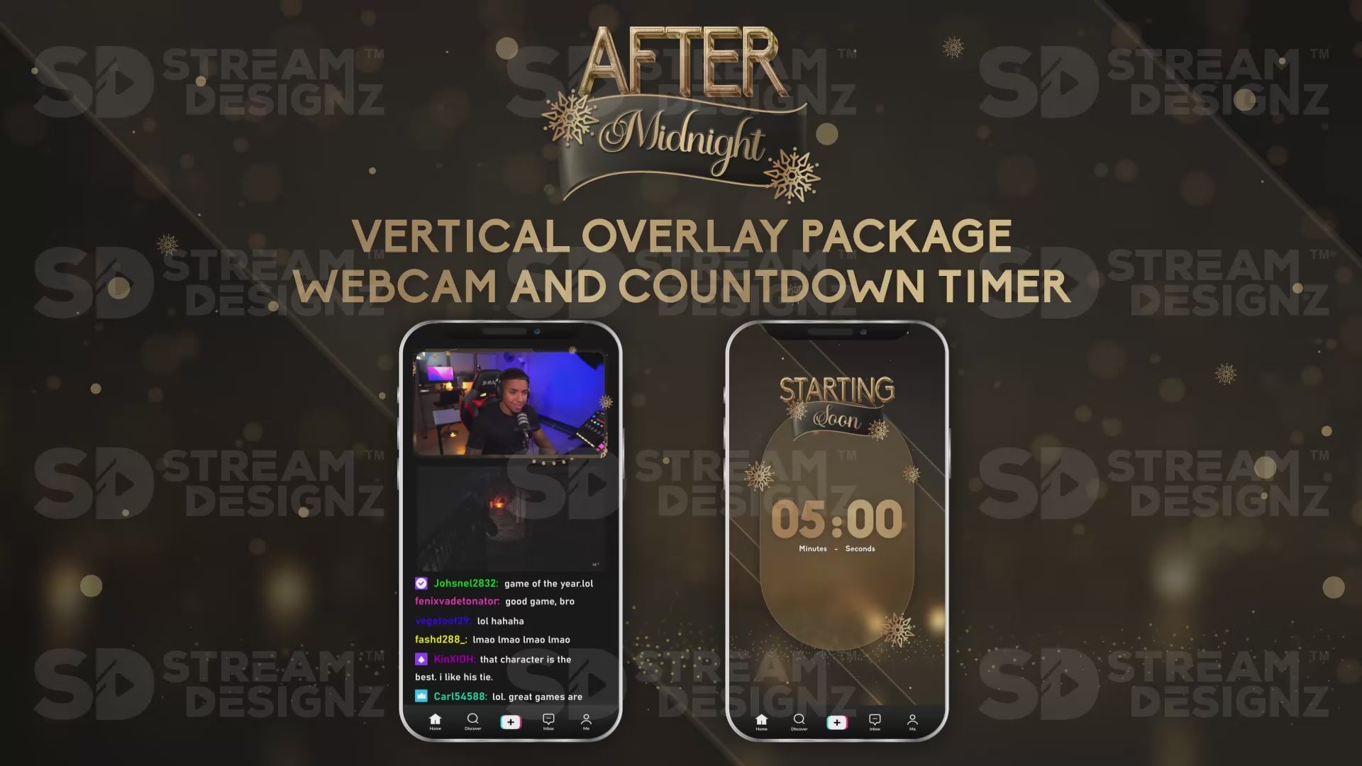 vertical stream overlay package webcam and countdown timer after midnight stream designz