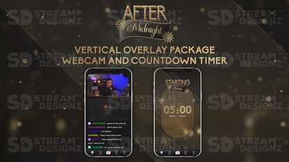 vertical stream overlay package webcam and countdown timer after midnight stream designz