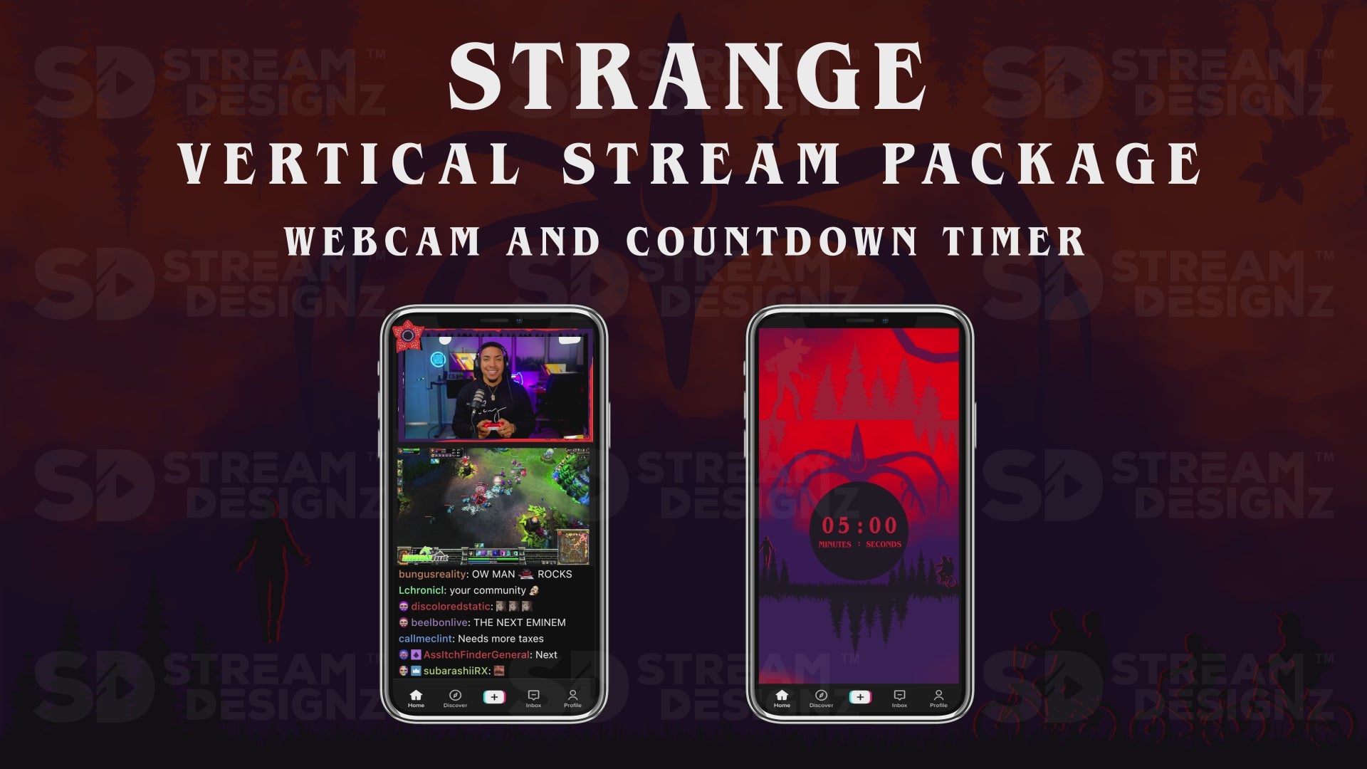 vertical stream overlay package webcam and countdown timer strange stream designz