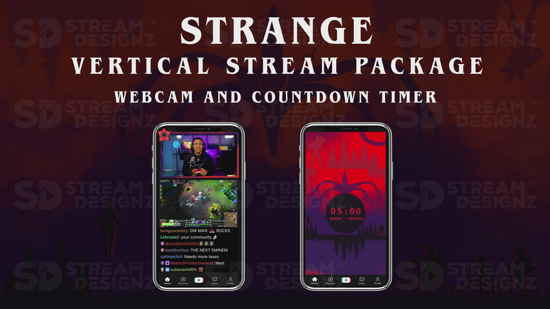 vertical stream overlay package webcam and countdown timer strange stream designz