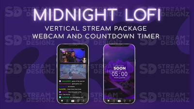 vertical stream overlay package webcam and countdown timer midnight lofi stream designz